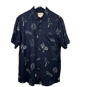 VSTR Shirt Mens Medium Black White Tropical Hawaiian Flamingo Floral Surf Wave